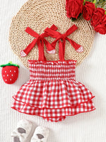 Strawberry Gingham Smocked Romper – Tie-Strap Dress with Ruffle Skirt (0–18M)    Mimou Babywear