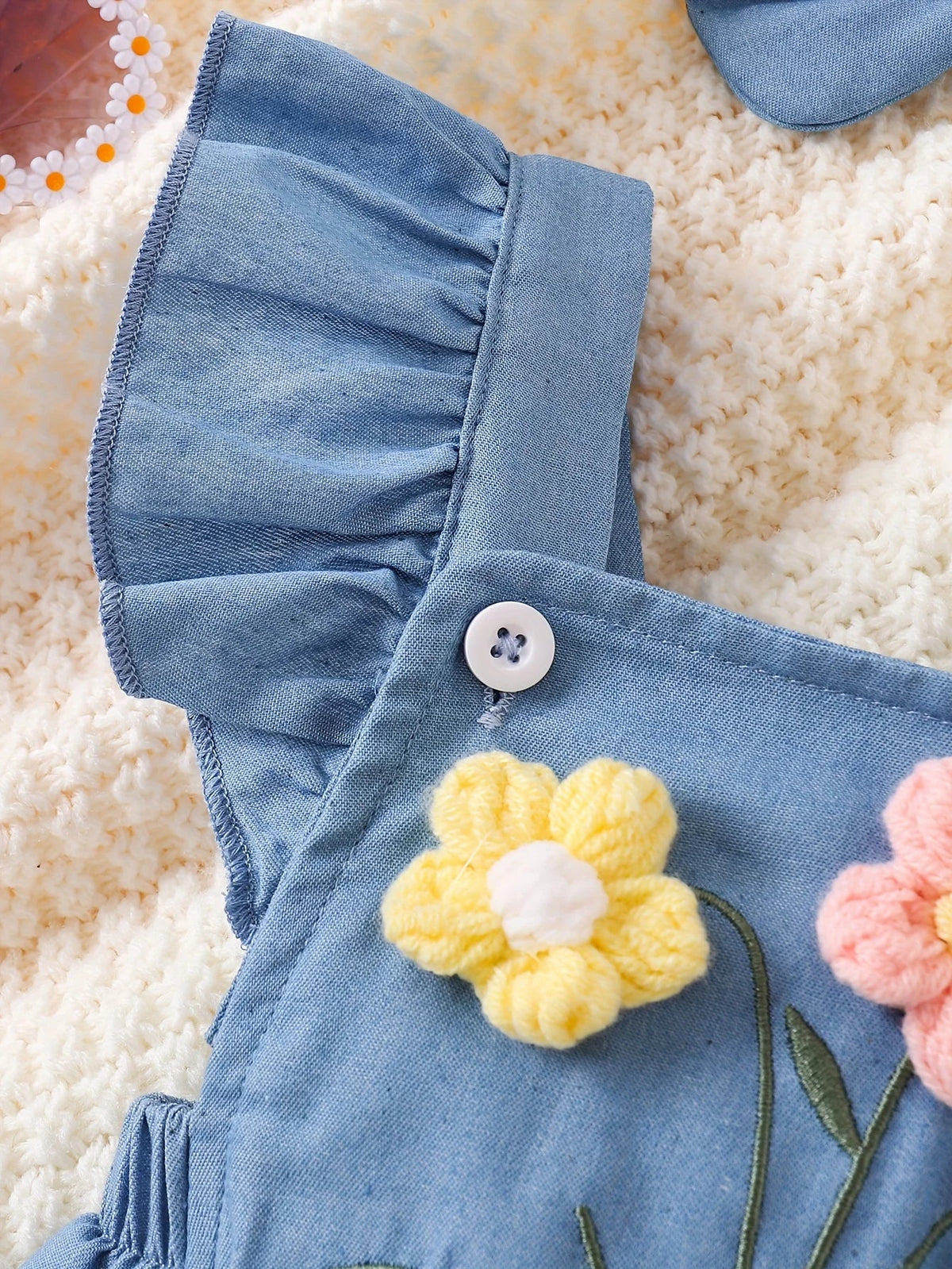 Wildflower Denim Romper – 3D Floral Flutter Sleeve Bodysuit & Bow Headband (0–18M)    Mimou Babywear