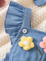 Wildflower Denim Romper – 3D Floral Flutter Sleeve Bodysuit & Bow Headband (0–18M)    Mimou Babywear
