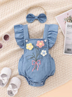 Wildflower Denim Romper – 3D Floral Flutter Sleeve Bodysuit & Bow Headband (0–18M)    Mimou Babywear