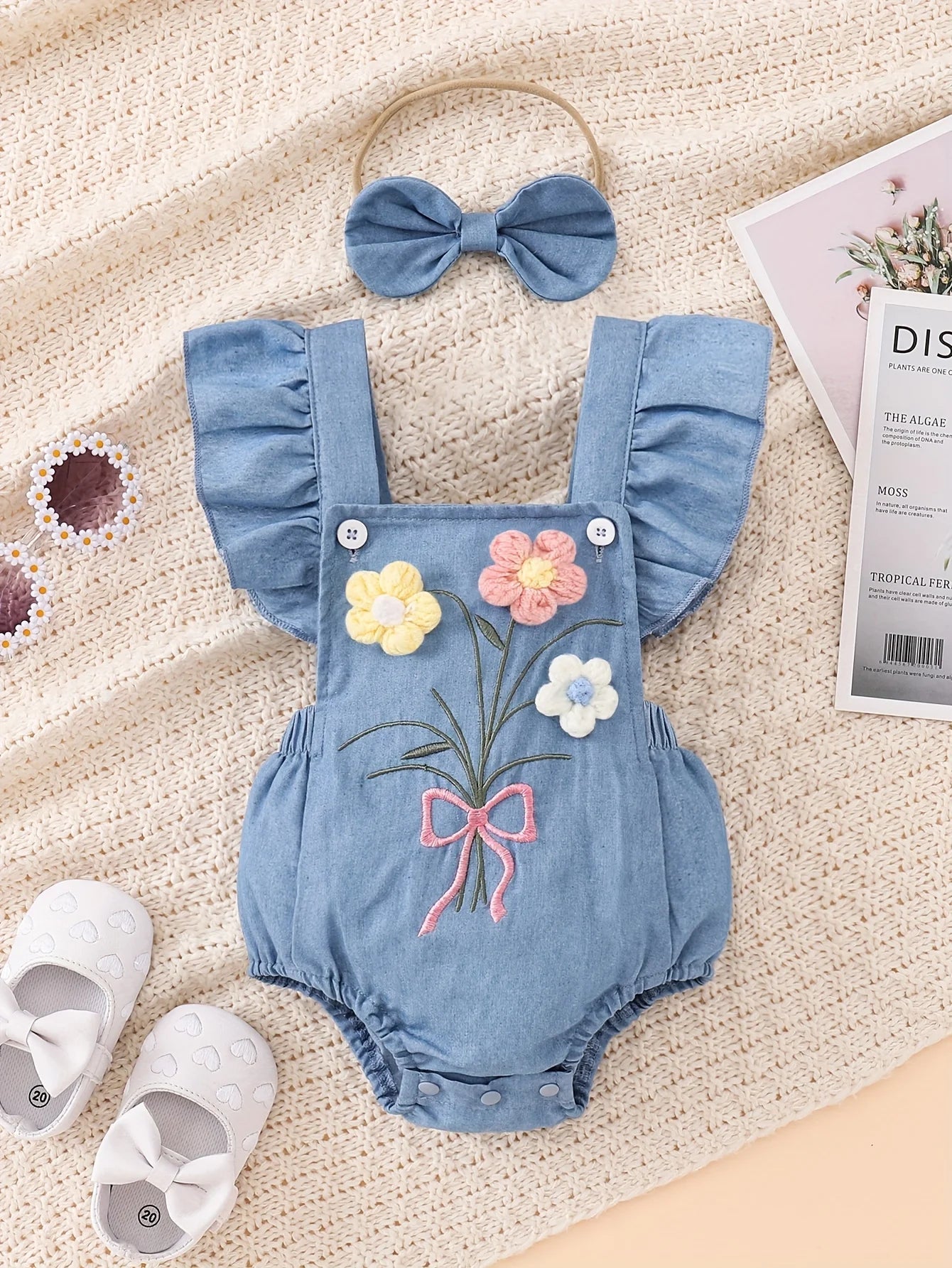 Wildflower Denim Romper – 3D Floral Flutter Sleeve Bodysuit & Bow Headband (0–18M)    Mimou Babywear