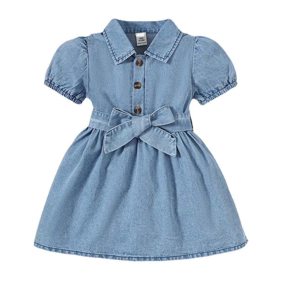 Denim Baby Girl Dress with Puff Sleeves and Belt (6-36M)