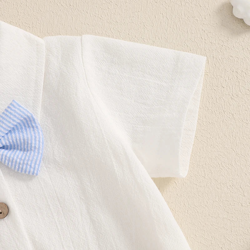 Little Gentleman Set – Cotton Romper, Striped Dungaree Shorts & Bow Tie (3–24M)    Mimou Babywear