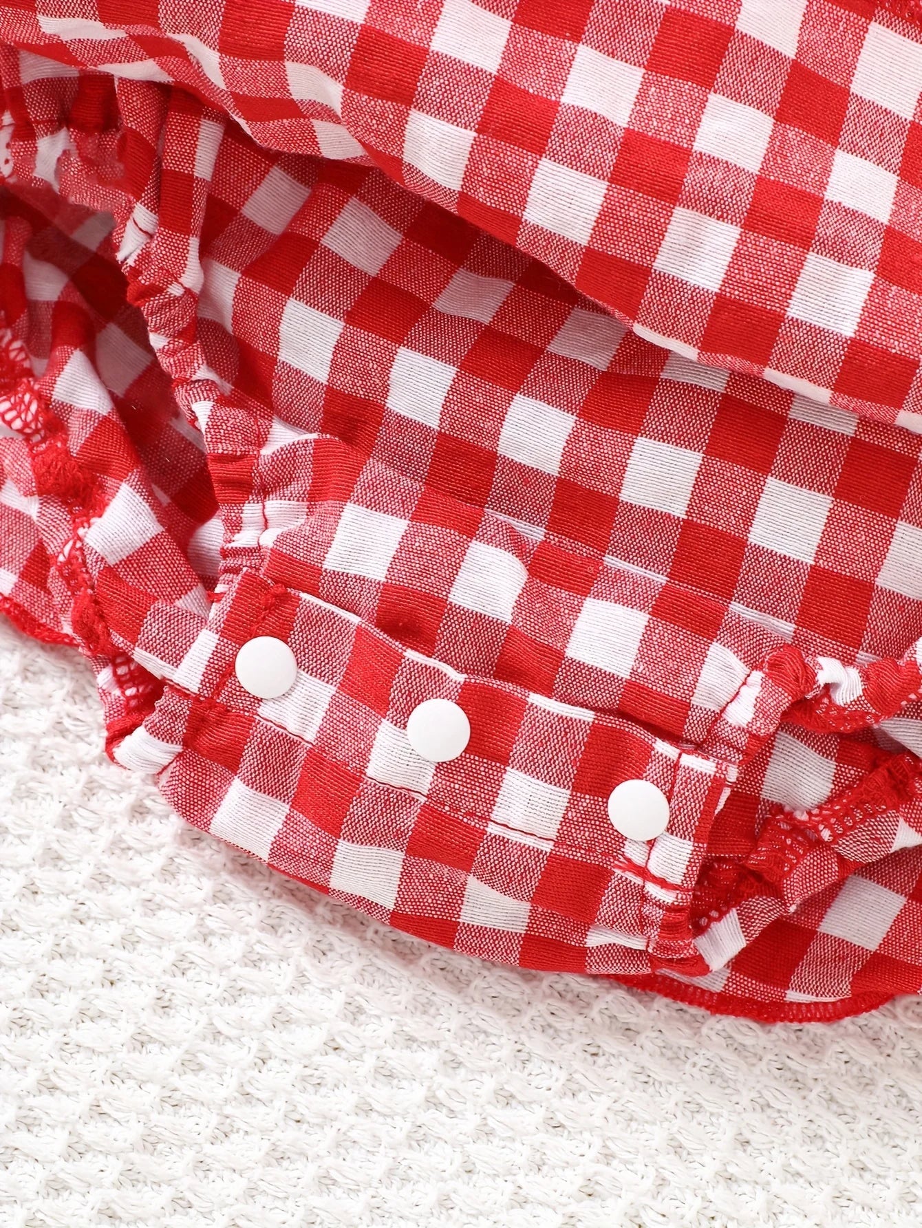 Strawberry Gingham Smocked Romper – Tie-Strap Dress with Ruffle Skirt (0–18M)    Mimou Babywear