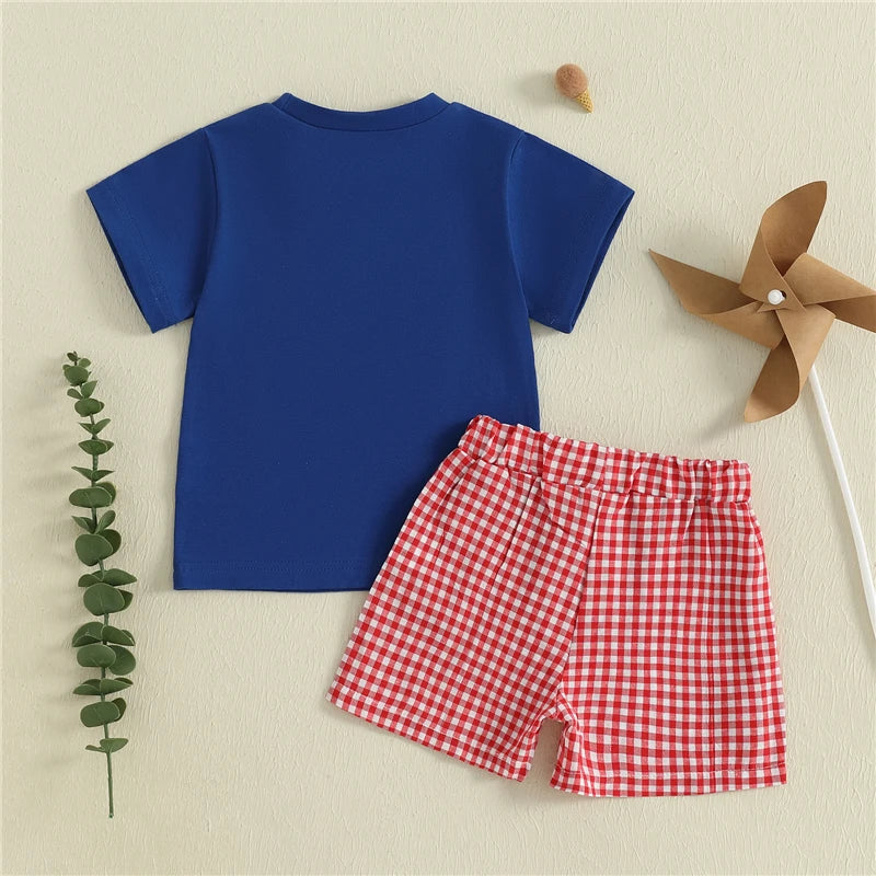 Little Handyman Summer Set – Embroidered Tee & Plaid Shorts (12–36M)    Mimou Babywear