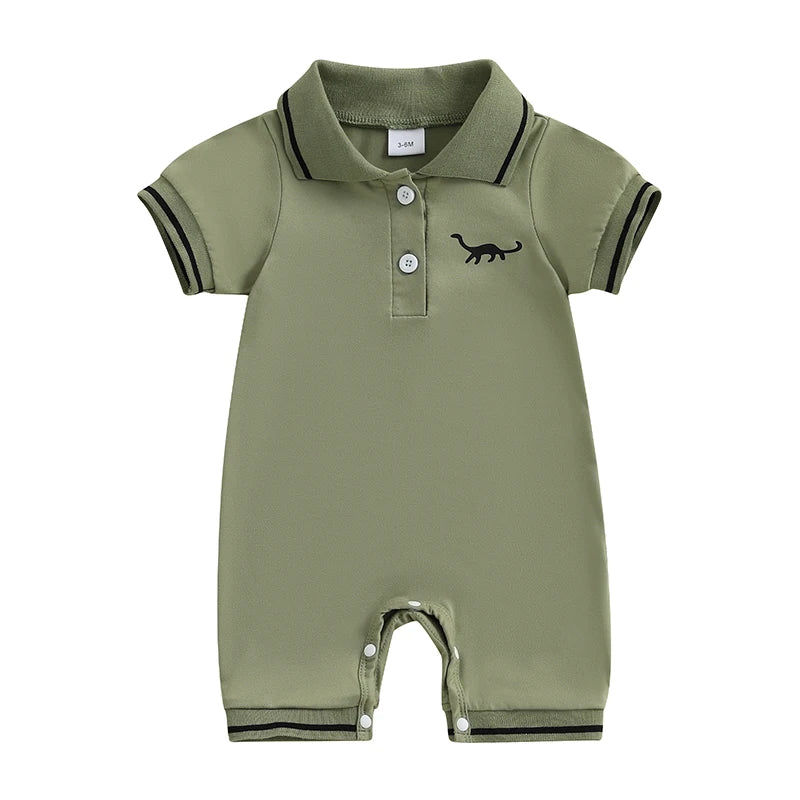 Little Dino Summer Romper – Short Sleeve Half-Button Bodysuit (3–24M)    Mimou Babywear