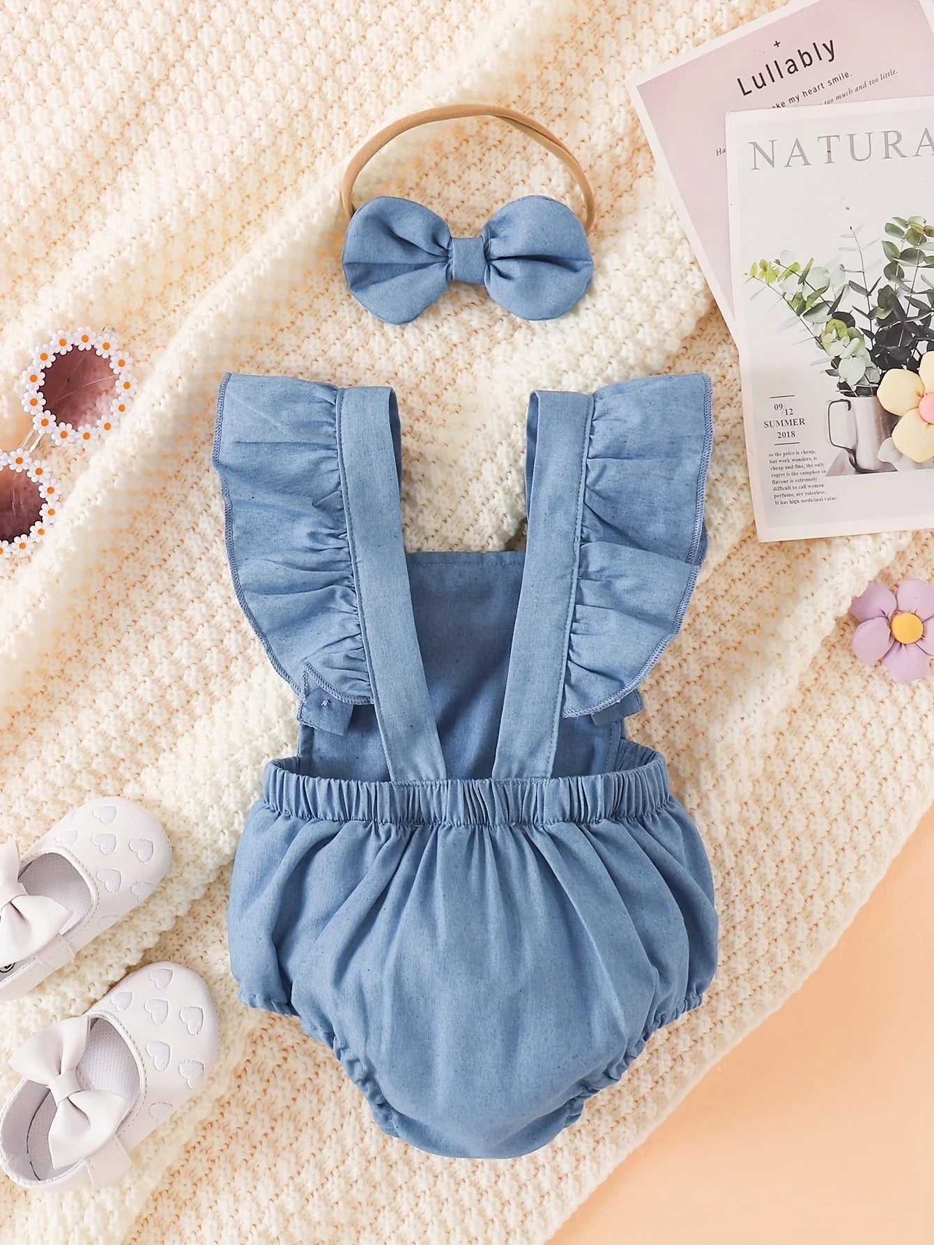 Wildflower Denim Romper – 3D Floral Flutter Sleeve Bodysuit & Bow Headband (0–18M)    Mimou Babywear