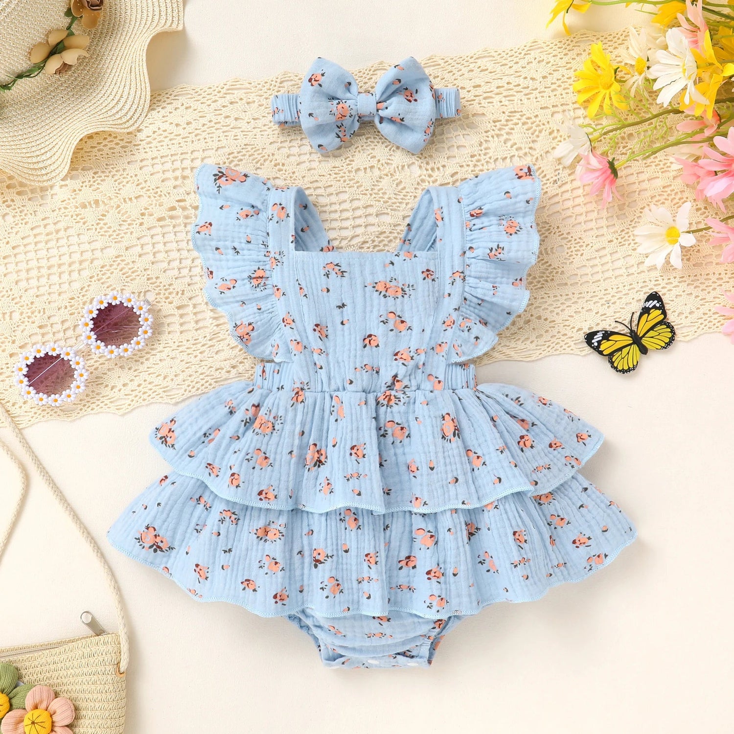 Peach Blossom Muslin Romper – Flutter Sleeve Double Ruffle Bodysuit & Bow Headband (0–18M)    Mimou Babywear