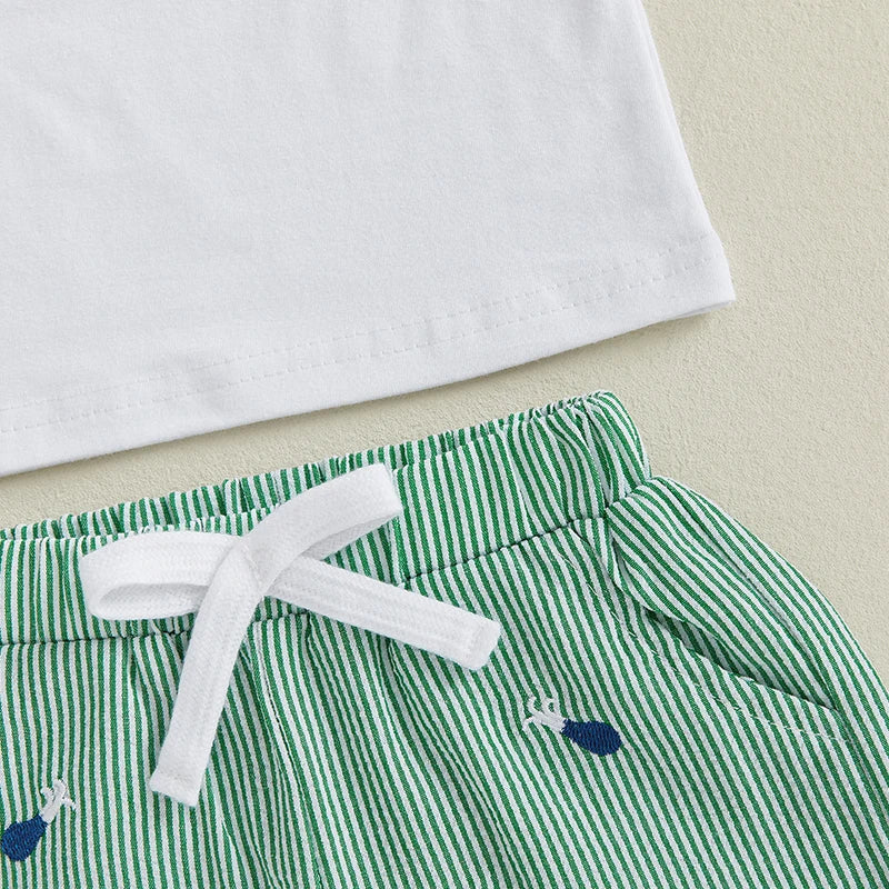 Little Golfer Summer Set – Embroidered Tee & Striped Shorts (12–36M)    Mimou Babywear