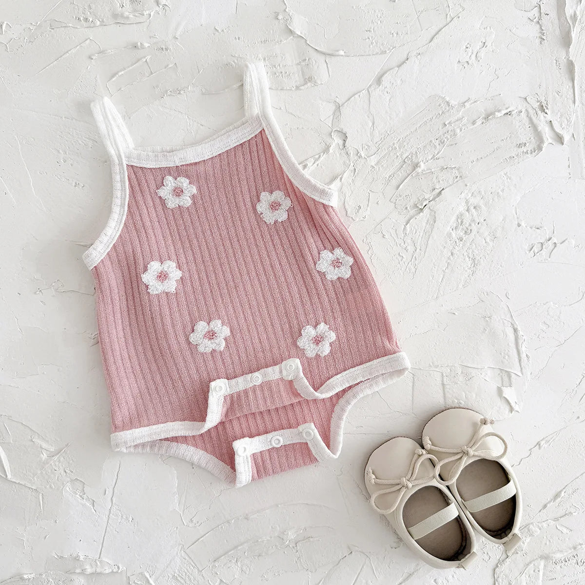 Sleeveless Baby Girl Ribbed Romper with Floral Embroidery (0–18M)    Mimou Babywear