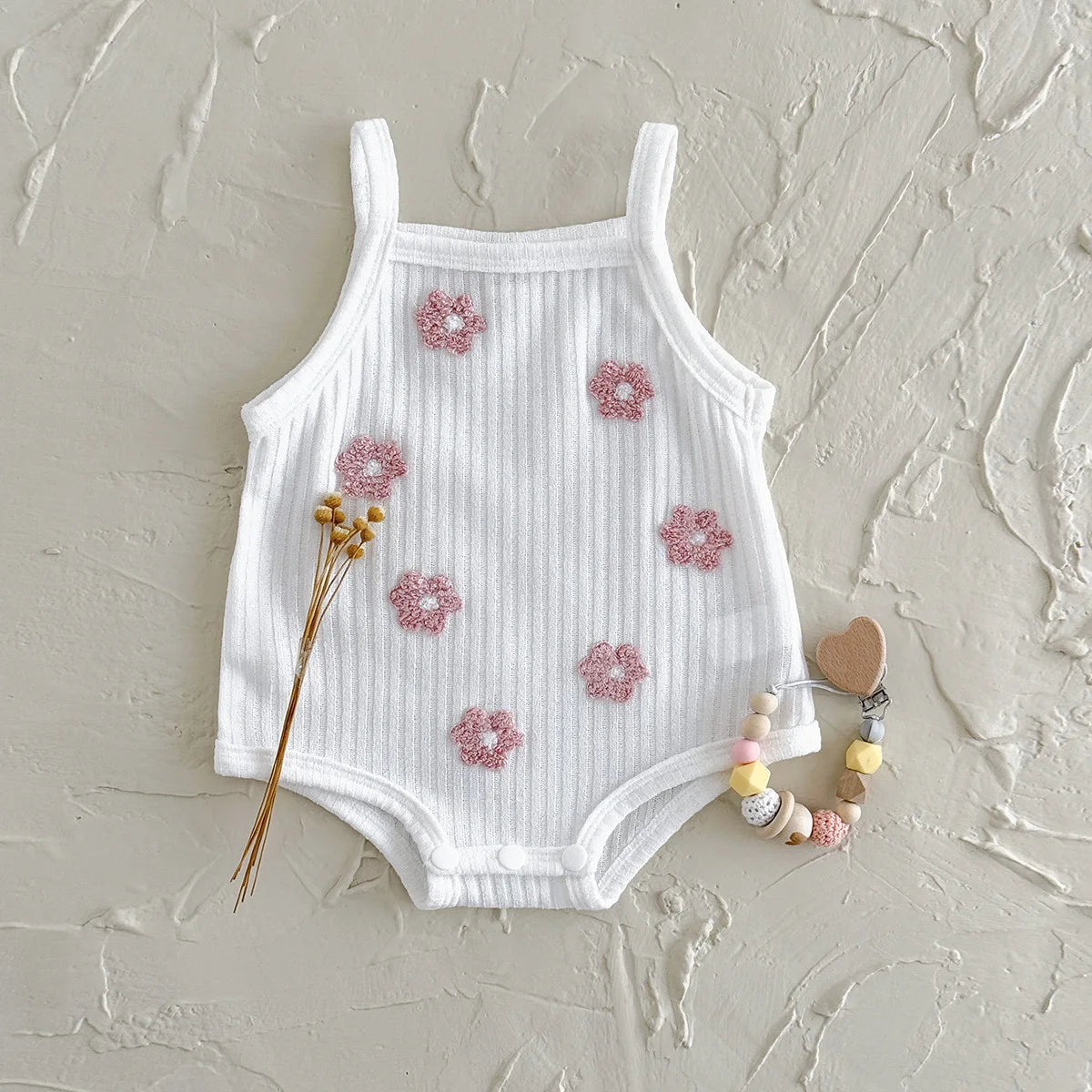 Sleeveless Baby Girl Ribbed Romper with Floral Embroidery (0–18M)    Mimou Babywear