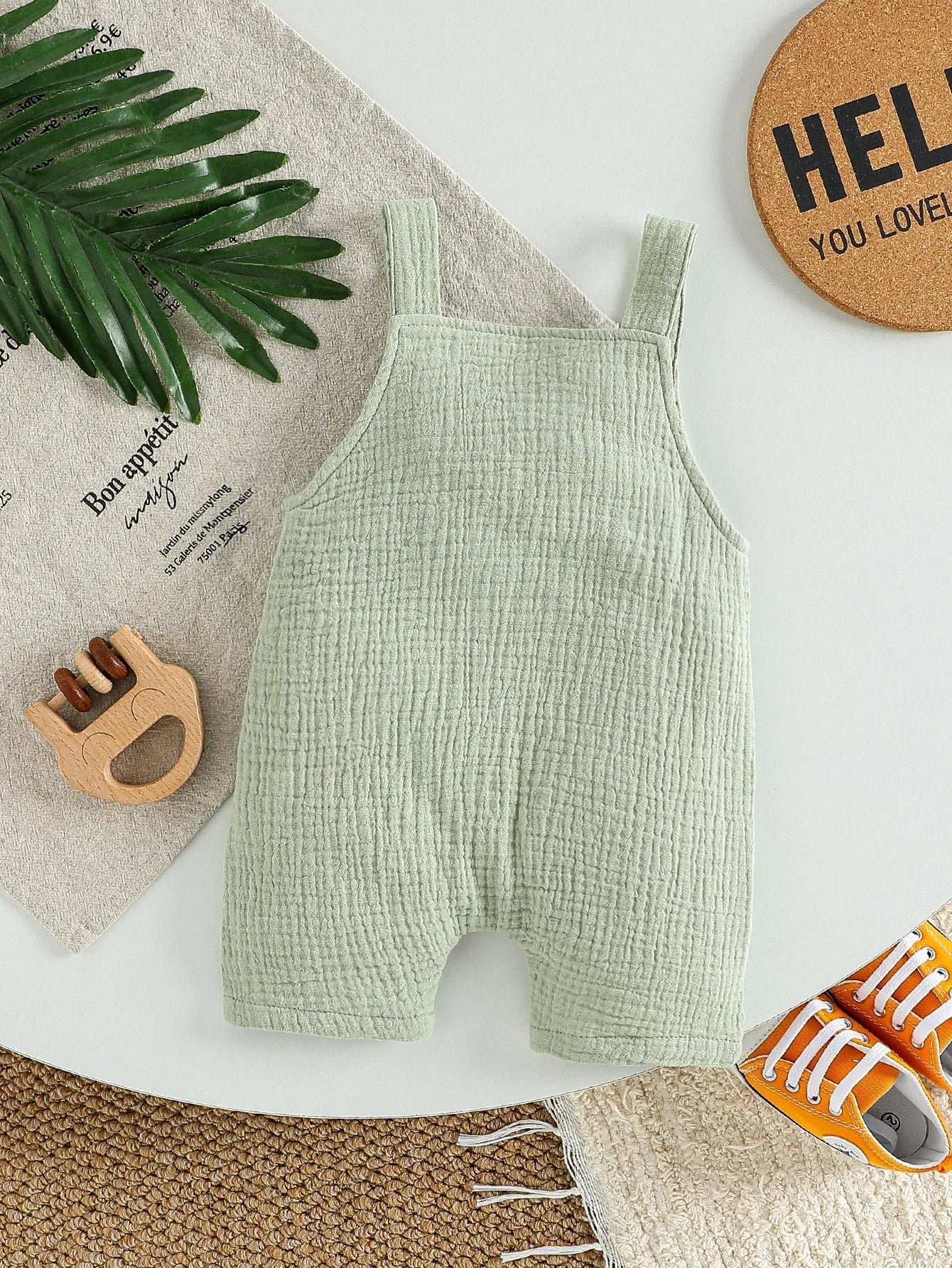 Sleeveless Cotton Muslin Baby Romper with Button Straps (0–18M)    Mimou Babywear