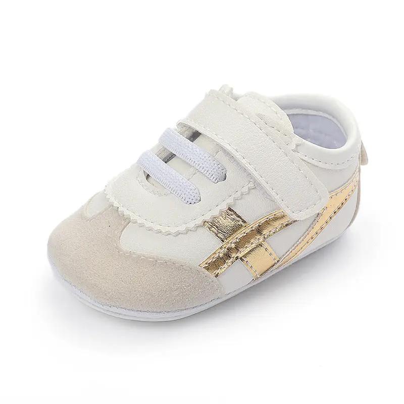 Soft PU Baby Shoes with Rubber Sole – Non-Slip Toddler Shoes for First Steps   White Gold / 13cm Mimou Babywear