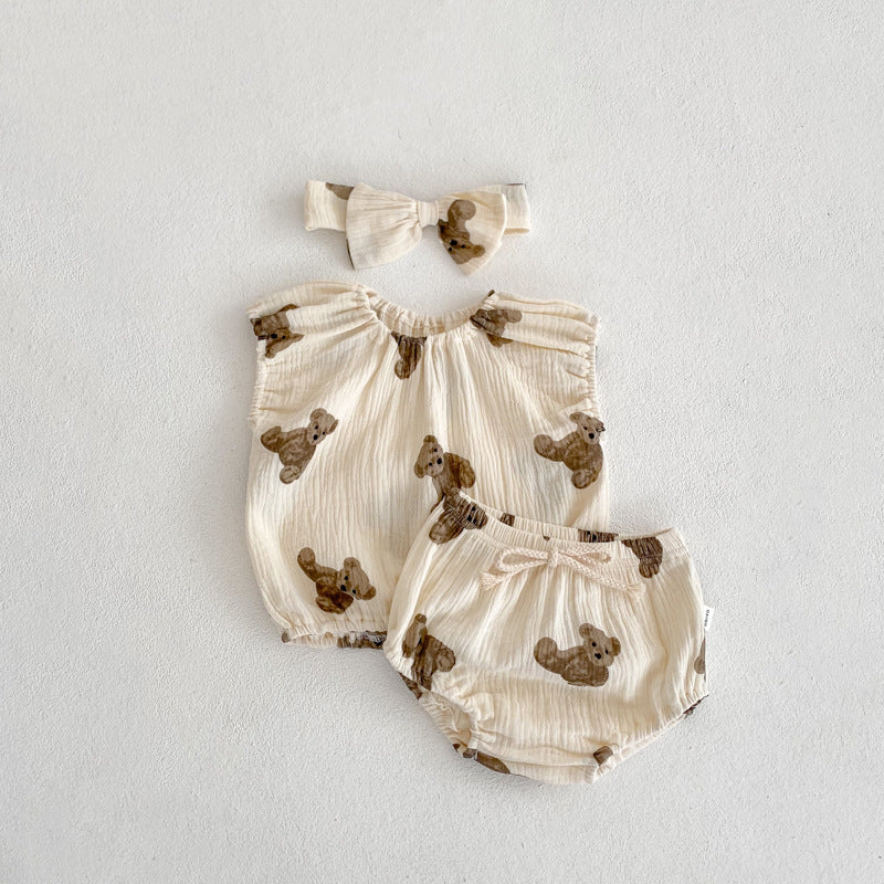 Summer Bear Printed Romper – Baby Girl Cotton Onesie with Bow Detail    Mimou Babywear