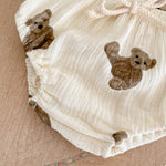 Summer Bear Printed Romper – Baby Girl Cotton Onesie with Bow Detail    Mimou Babywear