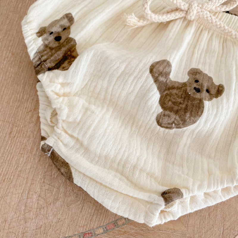 Summer Bear Printed Romper – Baby Girl Cotton Onesie with Bow Detail    Mimou Babywear