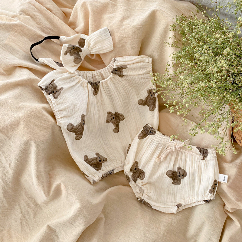 Summer Bear Printed Romper – Baby Girl Cotton Onesie with Bow Detail    Mimou Babywear