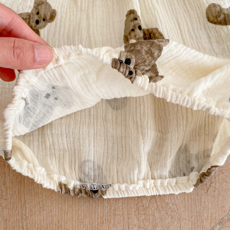 Summer Bear Printed Romper – Baby Girl Cotton Onesie with Bow Detail    Mimou Babywear