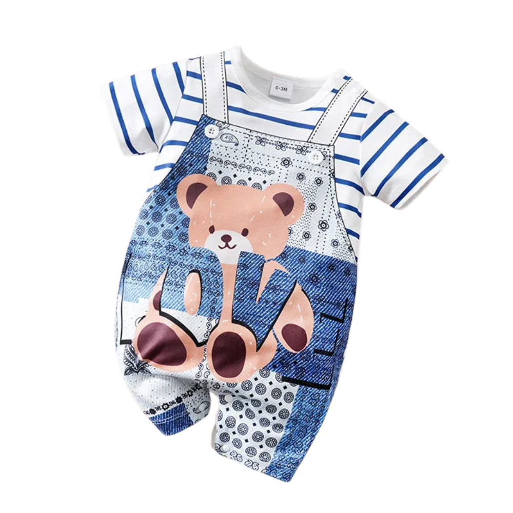 Teddy Bear Baby Romper – Soft Two-Piece Look Summer Outfit (0–18M)    Mimou Babywear