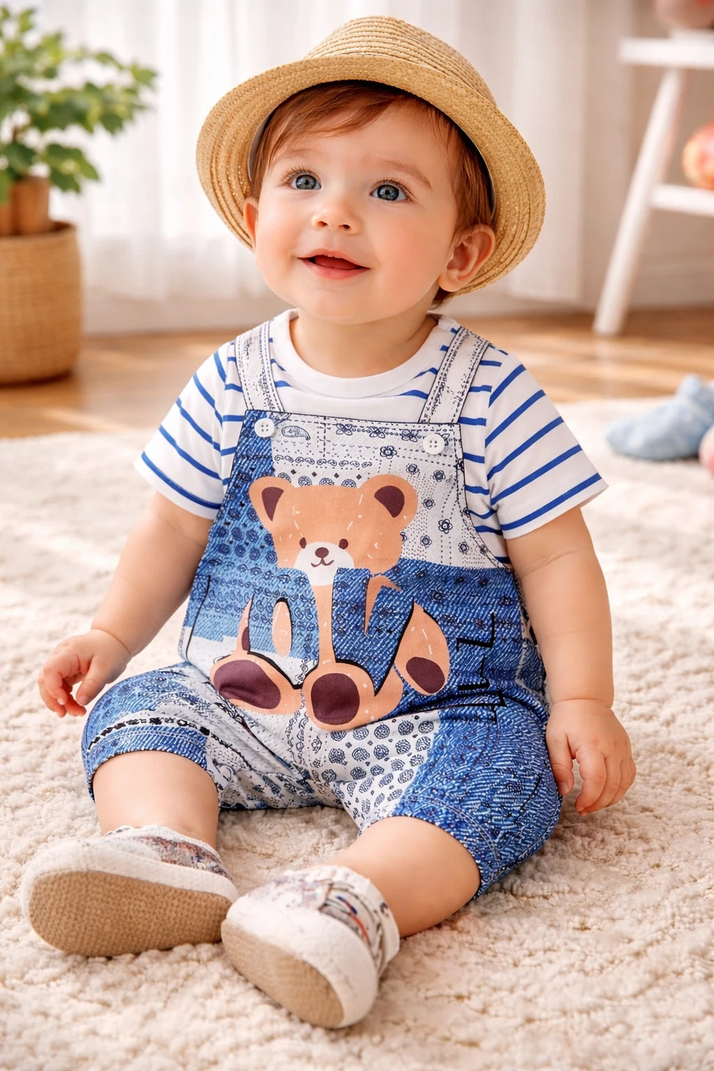 Teddy Bear Baby Romper – Soft Two-Piece Look Summer Outfit (0–18M)    Mimou Babywear
