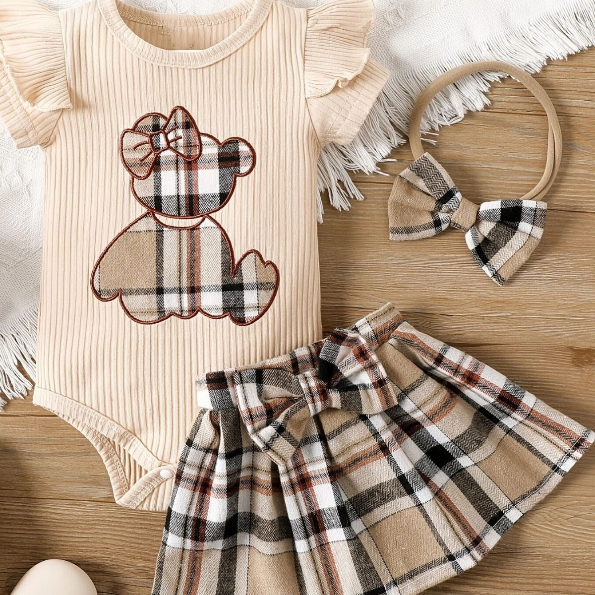 Teddy Bear Embroidered Romper – Plaid Bow Baby Girl Outfit    Mimou Babywear