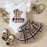Teddy Bear Embroidered Romper – Plaid Bow Baby Girl Outfit    Mimou Babywear