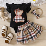 Teddy Bear Embroidered Romper – Plaid Bow Baby Girl Outfit    Mimou Babywear