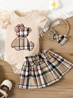 Teddy Bear Plaid Bow Romper (3-24M)   Apricot / 12-18M Mimou Babywear