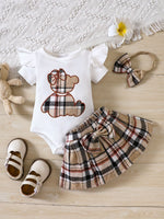 Teddy Bear Plaid Bow Romper (3-24M)   White / 12-18M Mimou Babywear