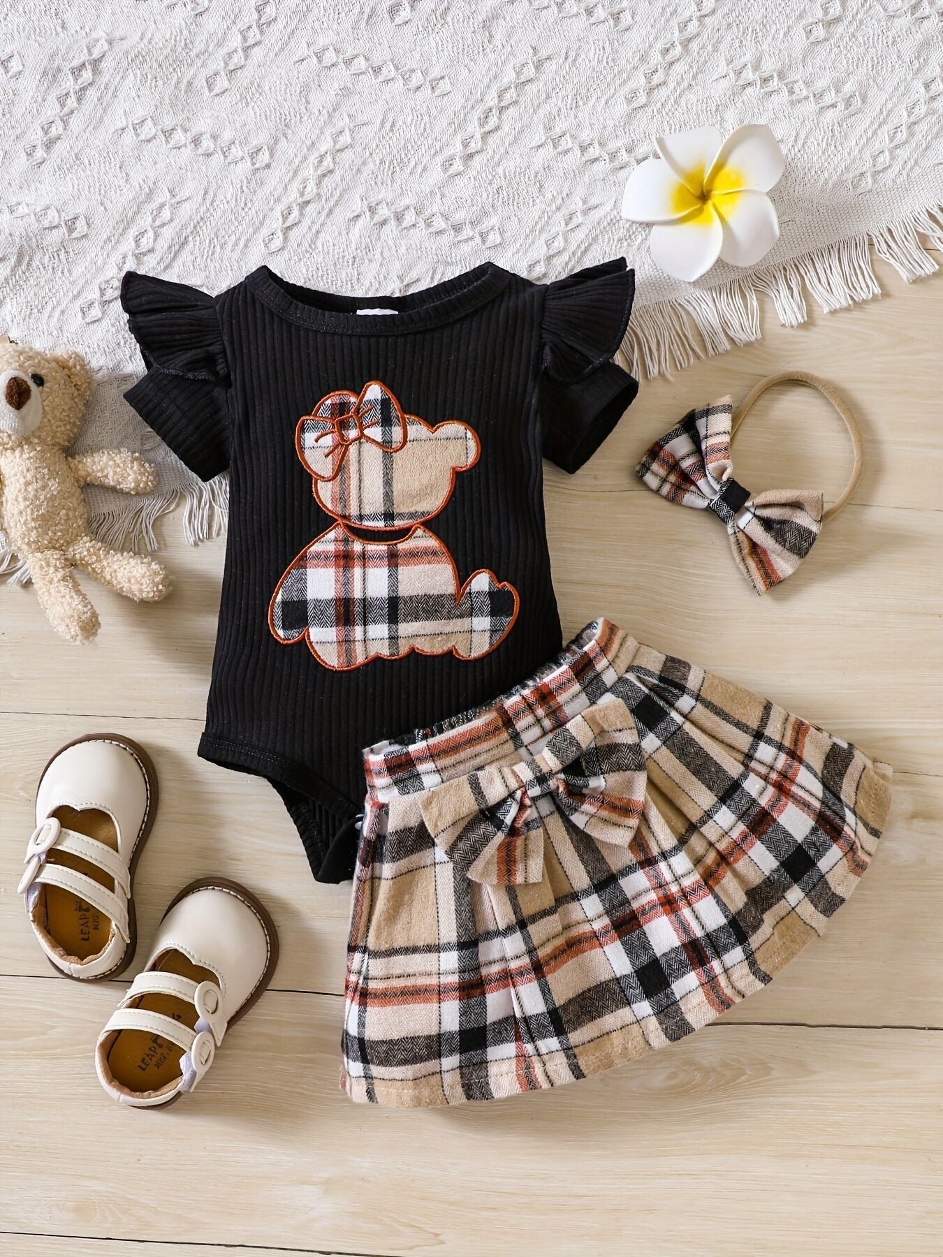 Teddy Bear Plaid Bow Romper (3-24M)   Black / 12-18M Mimou Babywear