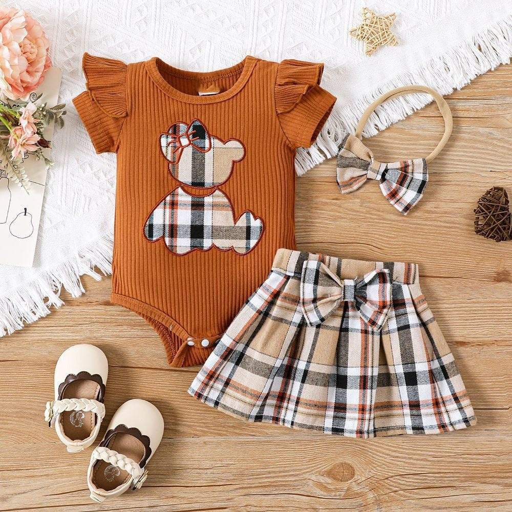 Teddy Bear Plaid Bow Romper (3-24M)   Brown / 12-18M Mimou Babywear