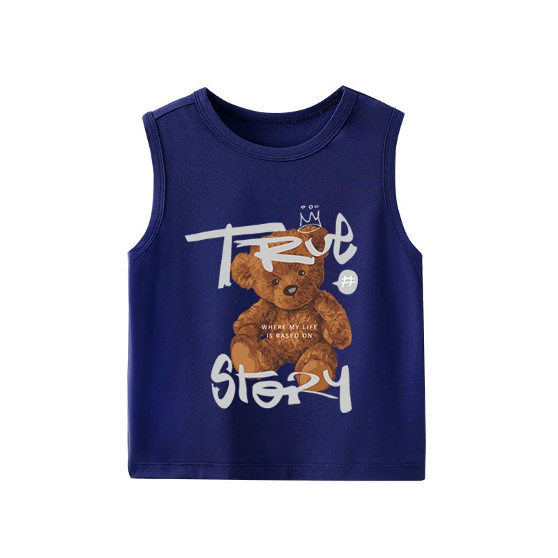 "True Story" Teddy Bear Kids Sleeveless Vest – Cool Graphic Cotton Tank Top (9–36M)    Mimou Babywear
