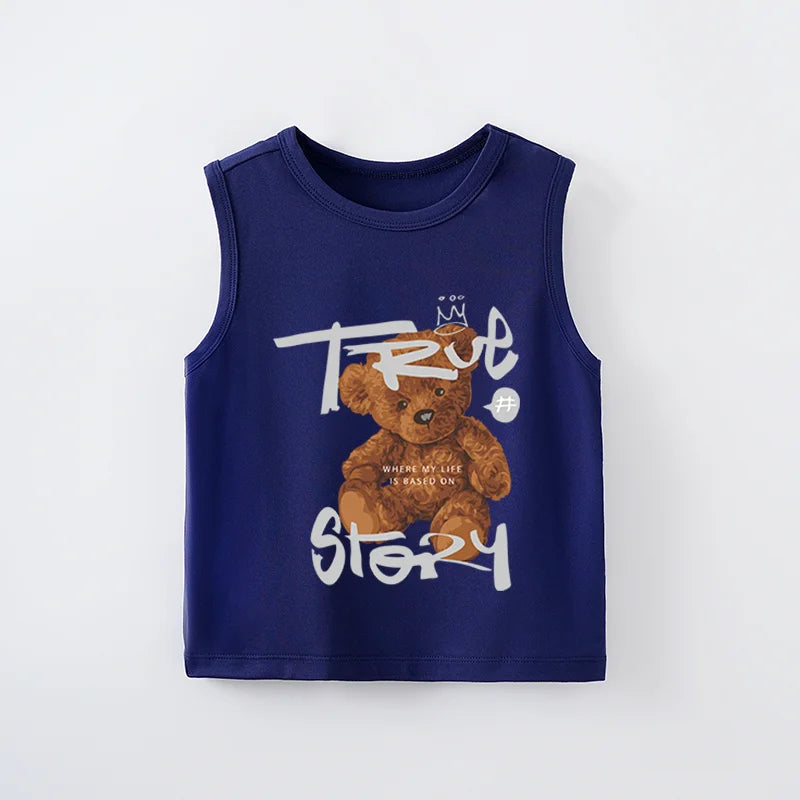 "True Story" Teddy Bear Kids Sleeveless Vest – Cool Graphic Cotton Tank Top (9–36M)    Mimou Babywear