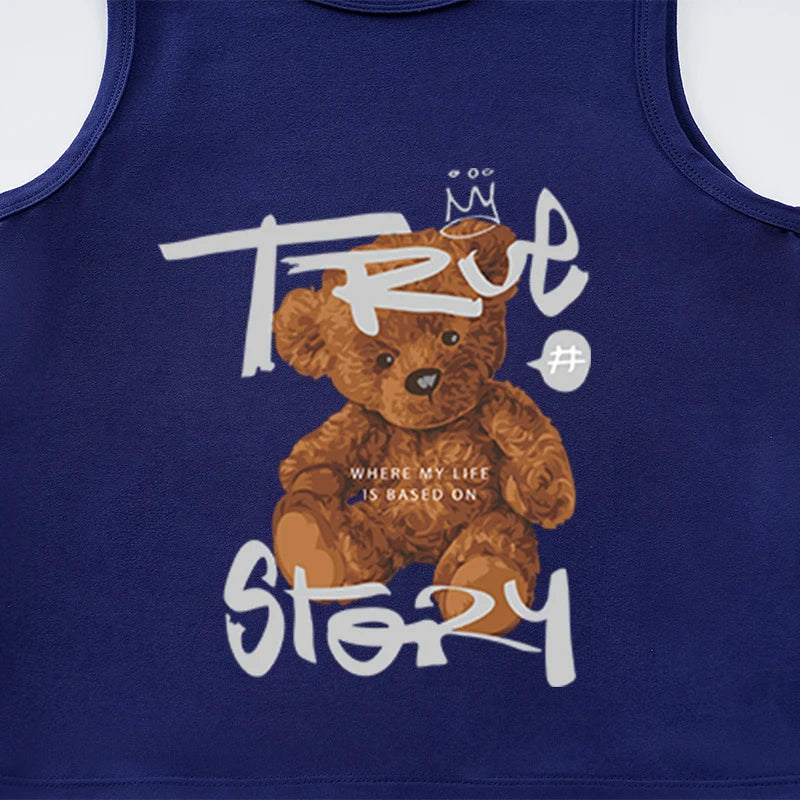 "True Story" Teddy Bear Kids Sleeveless Vest – Cool Graphic Cotton Tank Top (9–36M)    Mimou Babywear