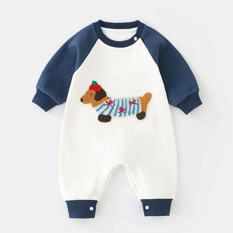Unisex Baby Cotton Romper – Long-Sleeve Dog Embroidery One-Piece for Spring & Autumn   Blue / 90cm(18-24M) Mimou Babywear