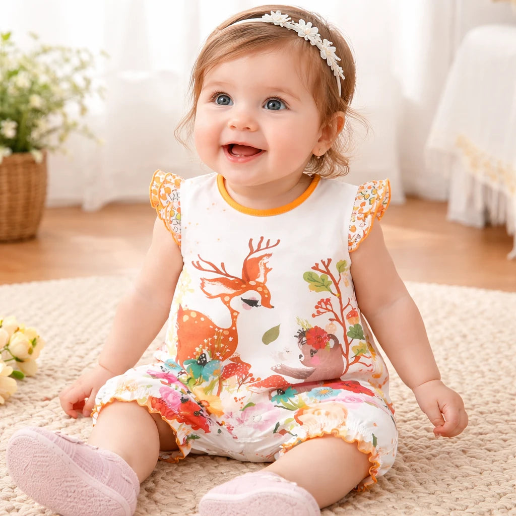 Woodland Deer Baby Romper – Soft Sleeveless Summer Outfit (0–18M)    Mimou Babywear