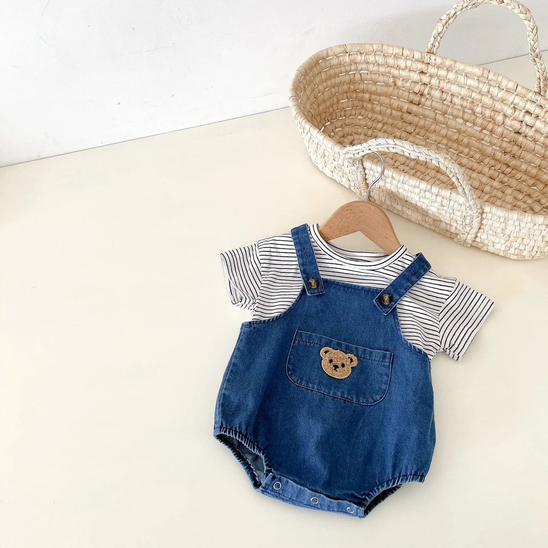 Bear Pocket Denim Shortalls (0 - 24 Months) - Mimou Babywear