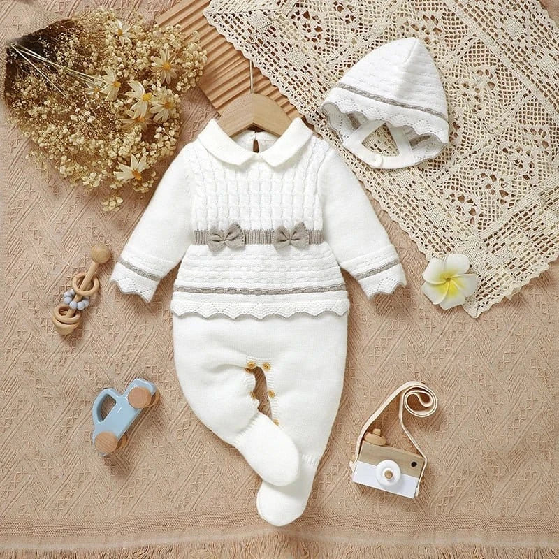 Footed Knit Jumpsuit & Hat Set (0 - 12 Months) - Mimou Babywear