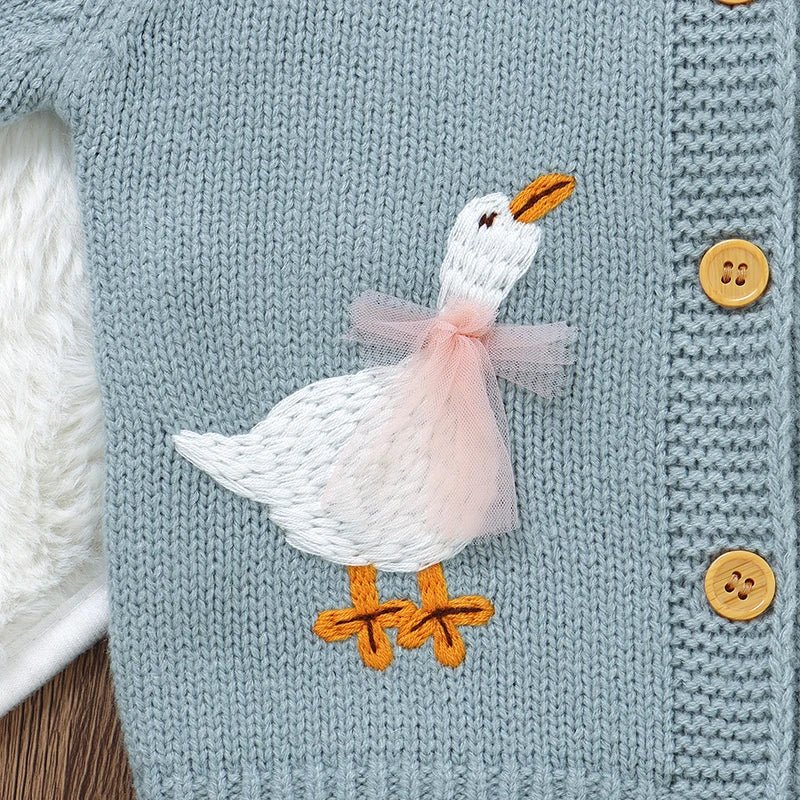 Goose Embroidery Cardigan & Hat Set (3 - 24 Months) - Mimou Babywear