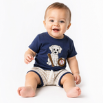 Baby Boy Dog & Baseball 2-Piece Set – Cotton Short Sleeve Top & Plaid Shorts (18-36M)    Mimou Babywear