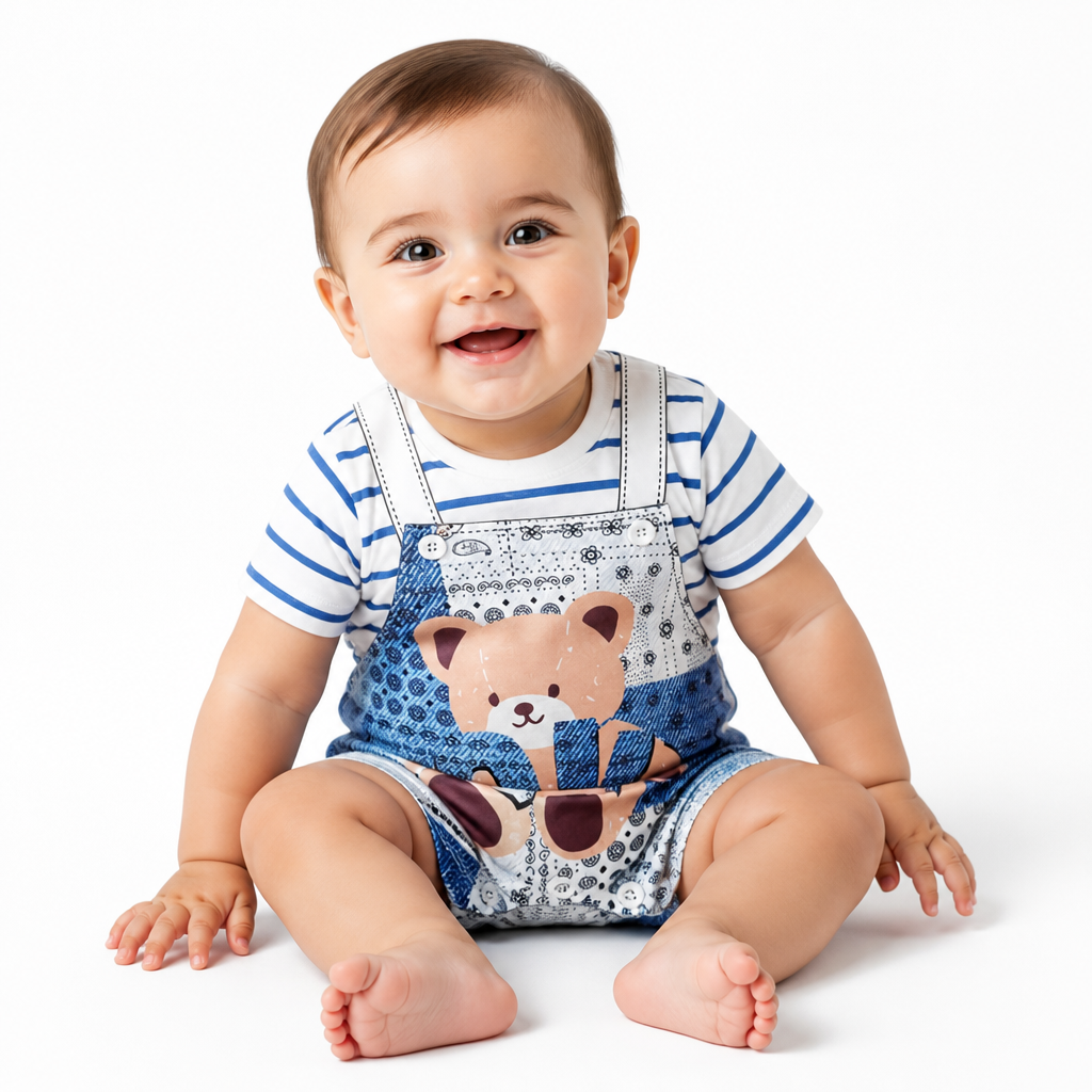 Teddy Bear Baby Romper – Soft Two-Piece Look Summer Outfit (0–18M)    Mimou Babywear