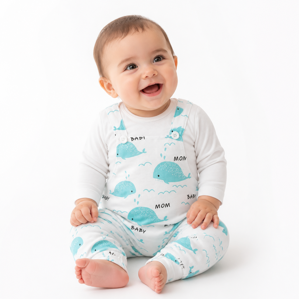 Mom & Baby" Whale Print Long Sleeve Romper – Soft Cotton Jumpsuit (3–24M)    Mimou Babywear
