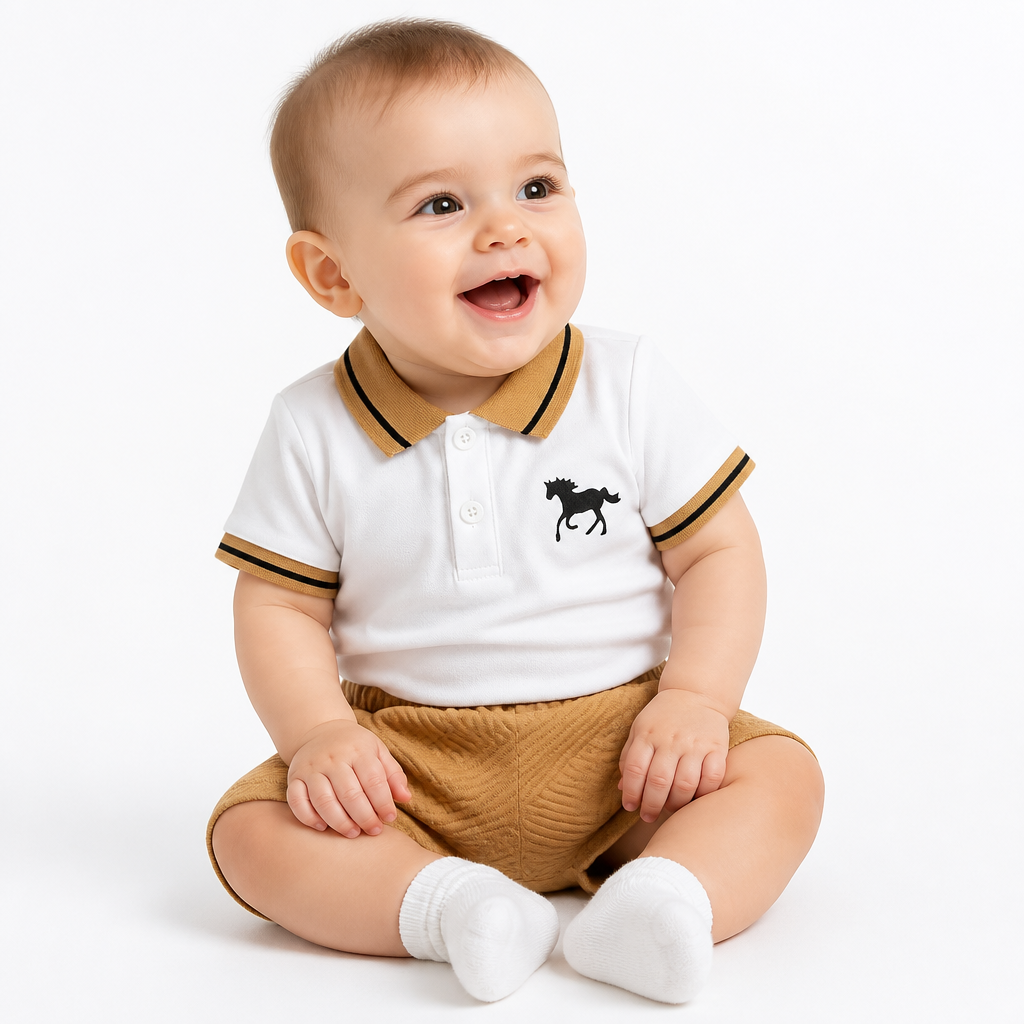 Baby Summer Outfit Set Polo Shirt & Textured Shorts (6–36M)    Mimou Babywear