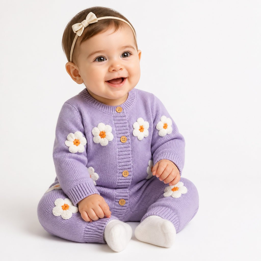 Floral Knit Baby Jumpsuit – Long Sleeve Cozy One-Piece (0-24M)    Mimou Babywear