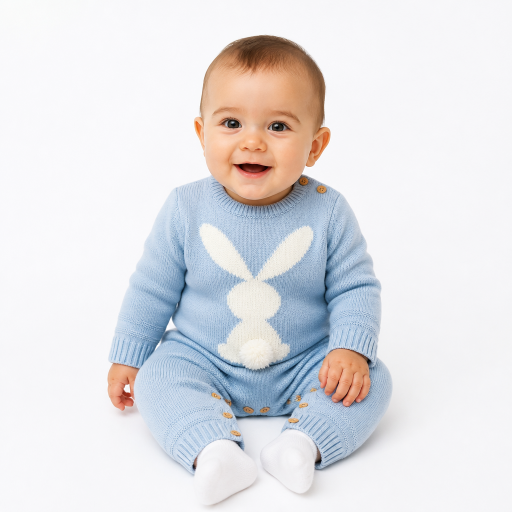 Knitted Baby Bunny Romper – Warm Long Sleeve Jumpsuit (3–24M)    Mimou Babywear