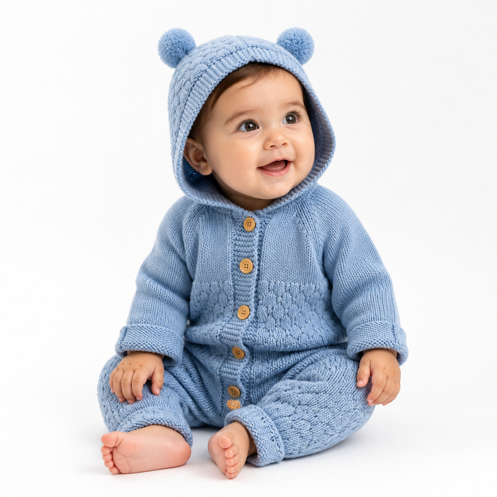 The Cozy Pom-Pom Knit Romper (3–24M)    Mimou Babywear