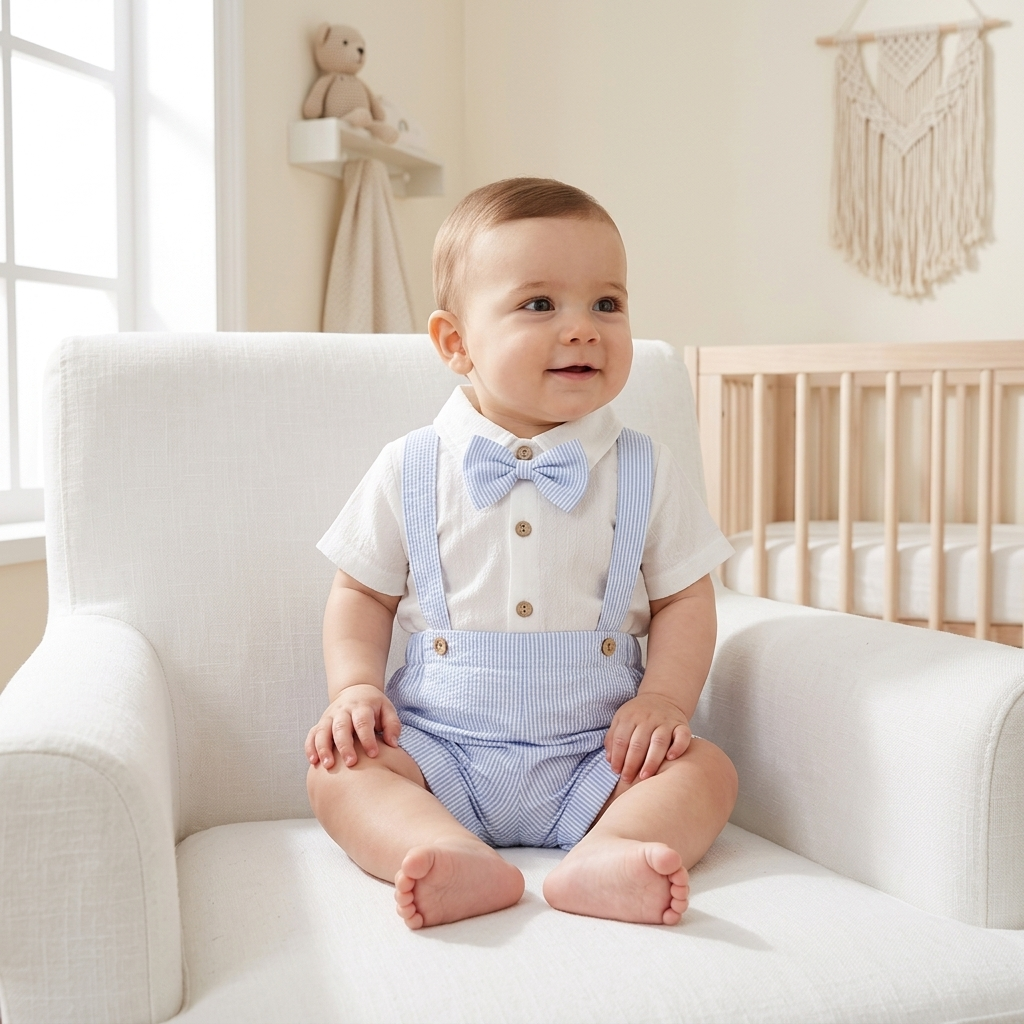 Little Gentleman Set – Cotton Romper, Striped Dungaree Shorts & Bow Tie (3–24M)    Mimou Babywear