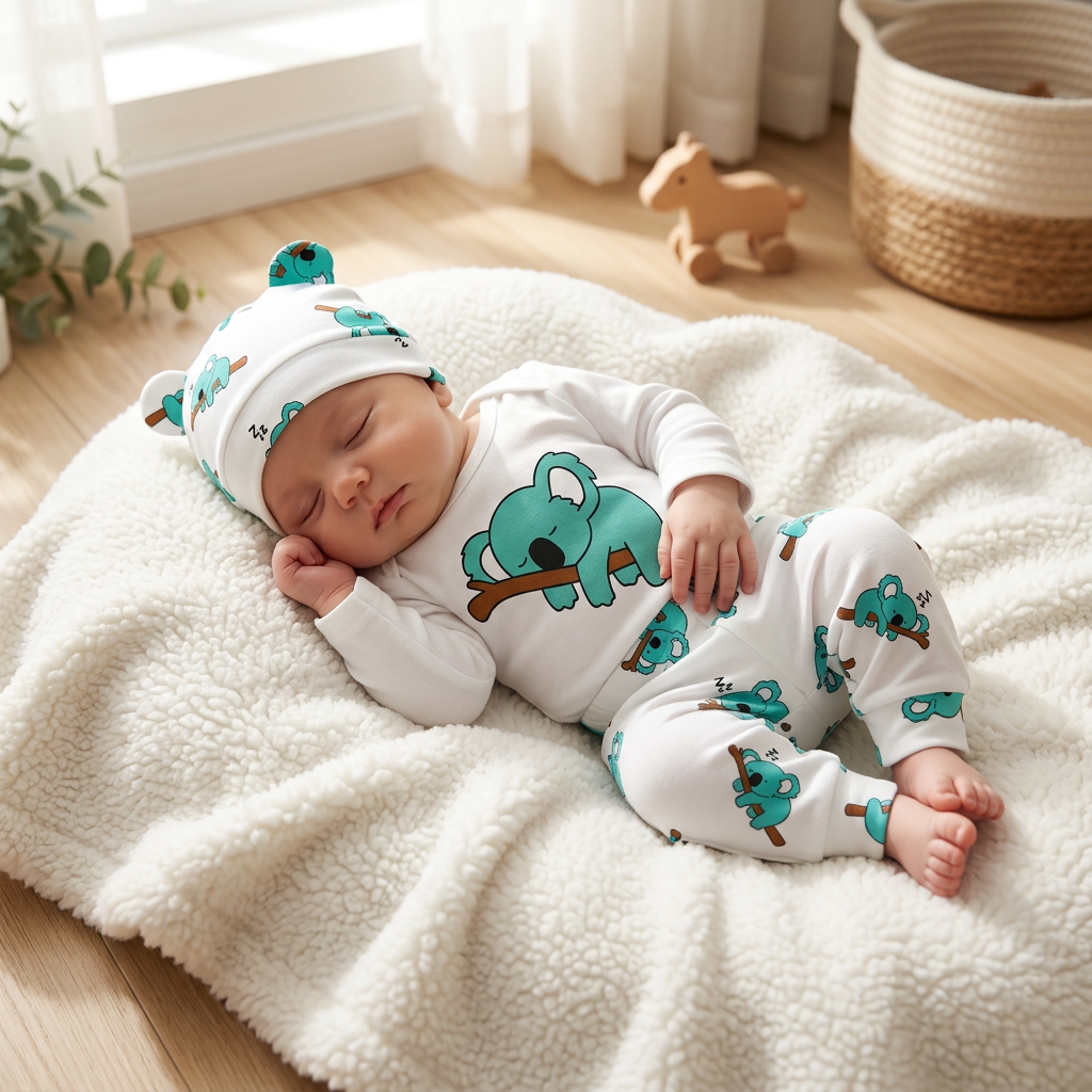 Little Koala 3-Piece Set – Long Sleeve Bodysuit, Trousers & Hat (0–18M)    Mimou Babywear