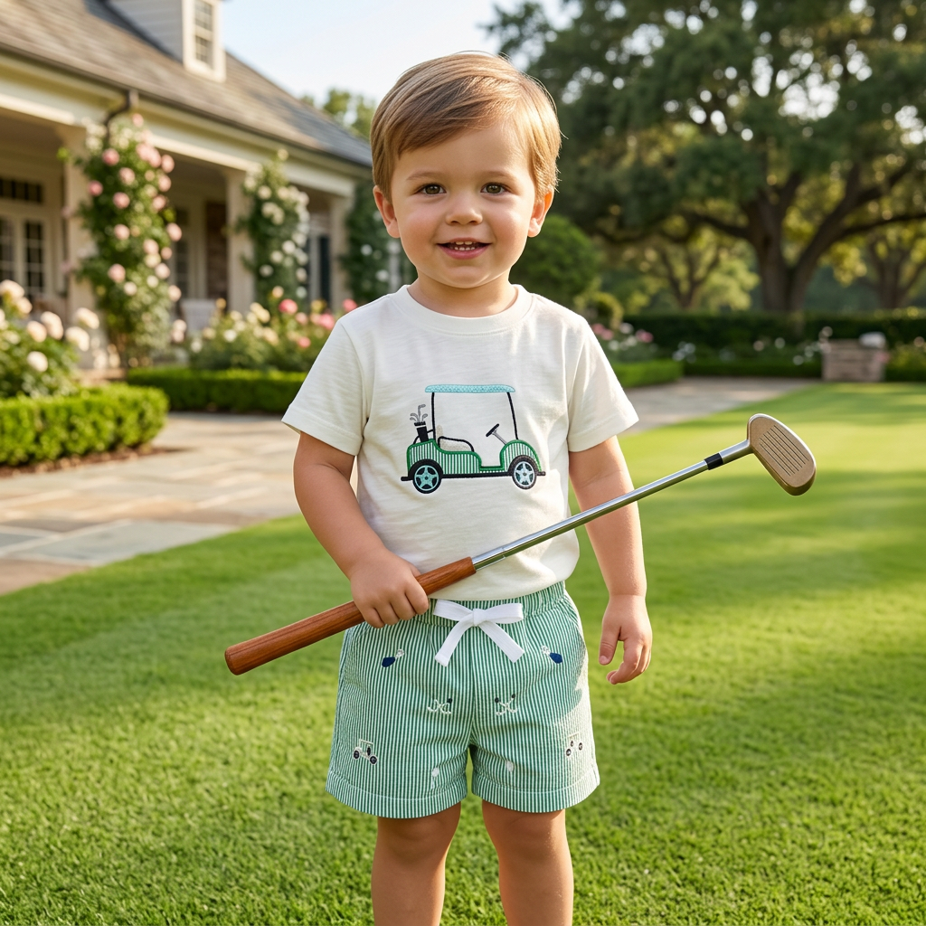 Little Golfer Summer Set – Embroidered Tee & Striped Shorts (12–36M)    Mimou Babywear