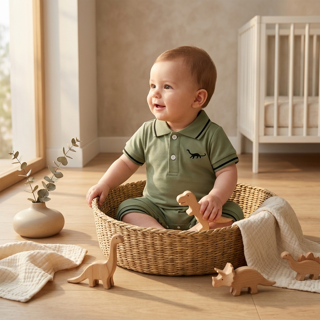 Little Dino Summer Romper – Short Sleeve Half-Button Bodysuit (3–24M)    Mimou Babywear